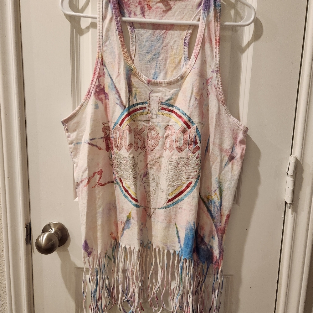 Women's JLT tie dye Rock And Roll tank with fringed bottom. Size XL